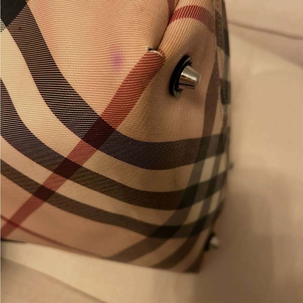 Burberry Tan/Black/Red Plaid CanvasTote Black Patent Leather Silver9.5”x9.5”x5” - Picture 10 of 17